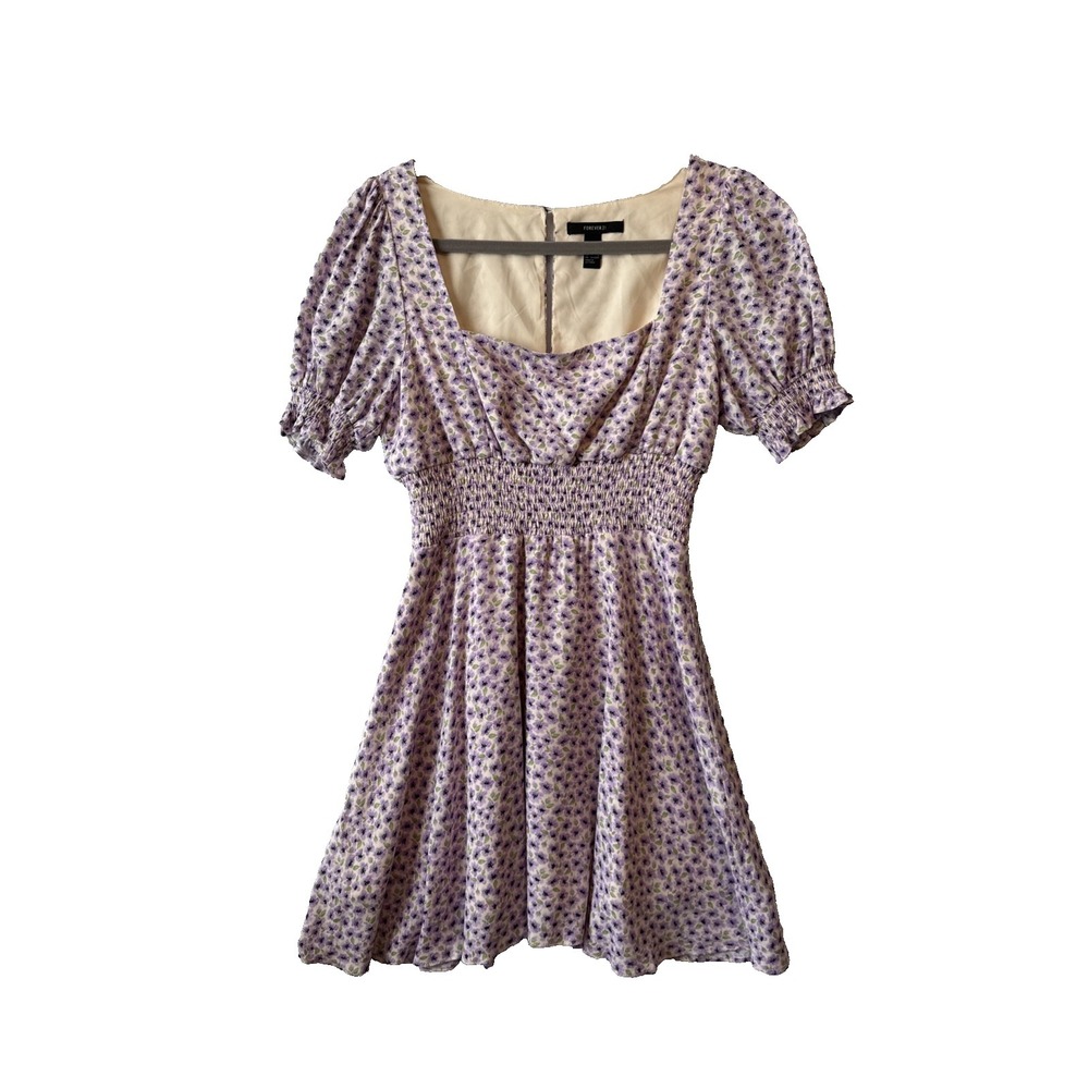 Forever 21 Purple Ditsy Floral Square Neck Smocked Mini Dress M Cottage Milkmaid